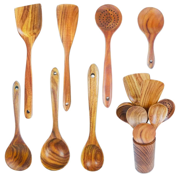Set Ustensiles Cuisine Silicone 13 Pièces - Spatules, Pinces... Résistant à 230°C - Manche Bois - Anti-Adhésif - Vert Avocat